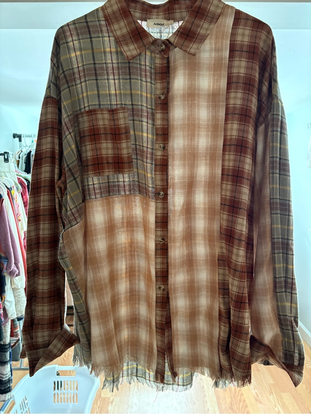 ADORA Brown Plaid Patchwork Boho Frayed Button-Up Shirt sz LG ptp 23
